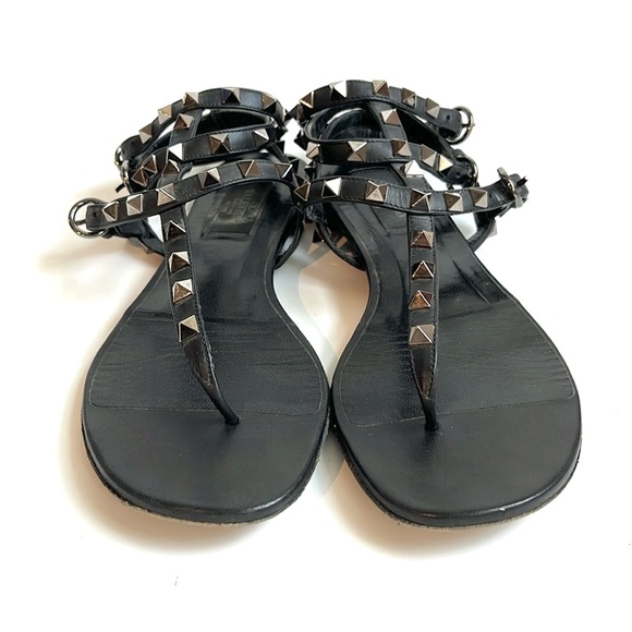 Valentino Garavani Noir Black Rockstud Thong Gladiator Sandals - Picture 3 of 12